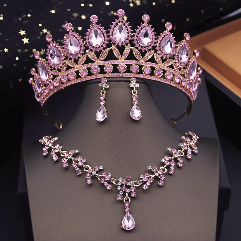 Luxury Purple Bridal Jewelry Sets for Women Choker Necklace Earrings With Crown Wedding Bride Set Costume Accessories