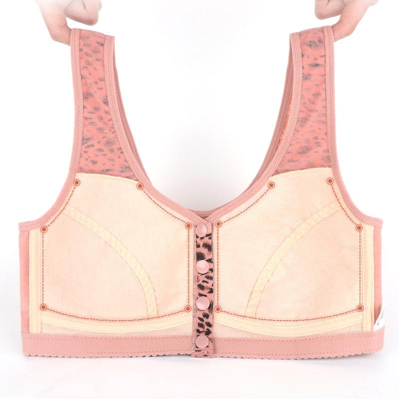 Thin Cup Front Buckle Bra Women Leopard Print Without Underwire Vest Type Large Size Bra Middle-aged and Elderly Underwear Women