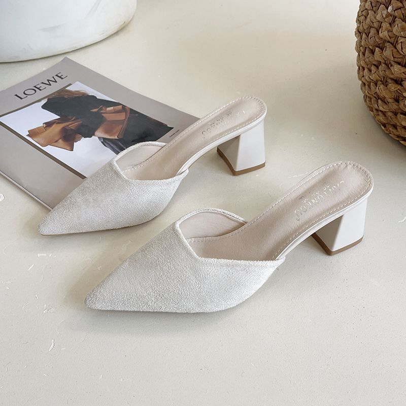 

Suede bag head half slippers women s summer wear pointed thick heel high heels light mouth muller shoes versatile black cool slippers 33