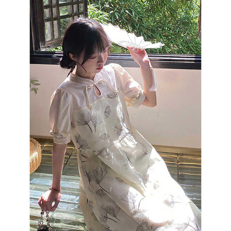 2026 Summer Women's Ink Wash Print Slit Skirt with Frog Button - New Chinese Style Qipao Dress for Girls