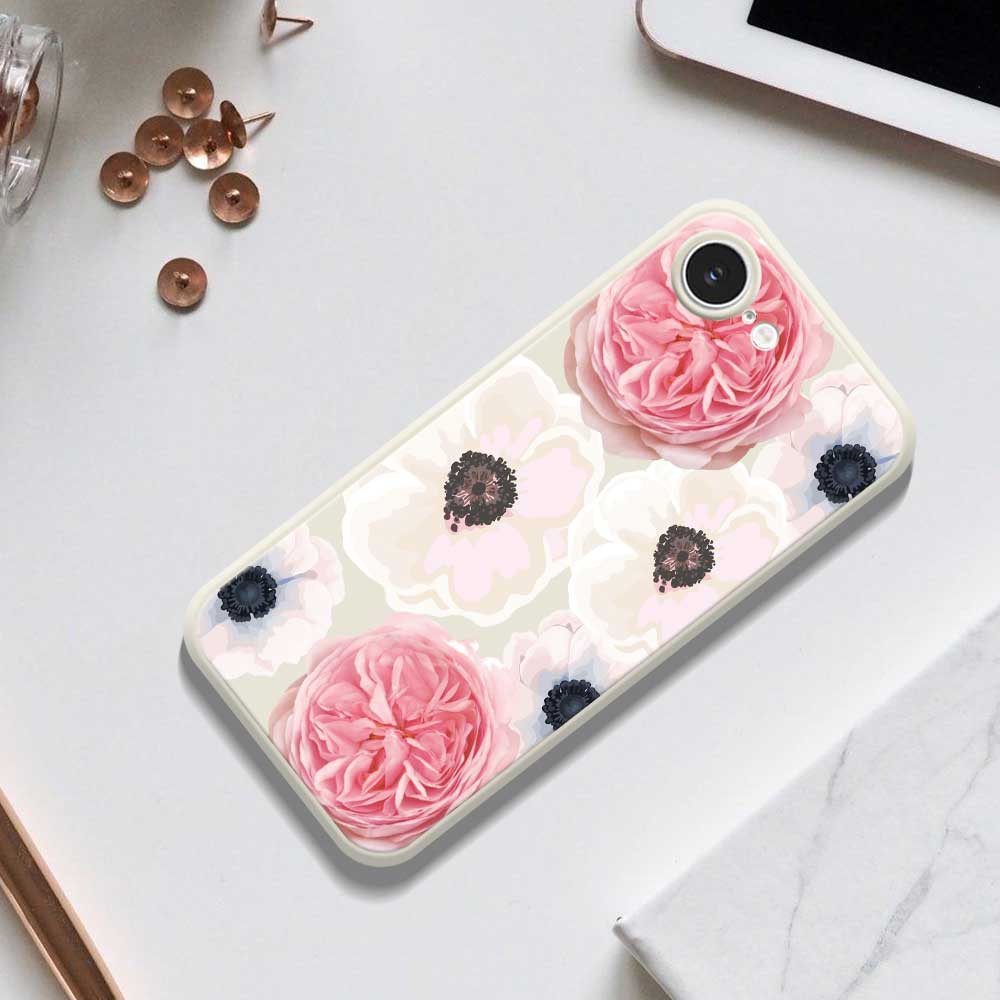 For iPhone 16e Case White and Pink Flower Pattern Printing Straight Edge TPU Phone Back Cover