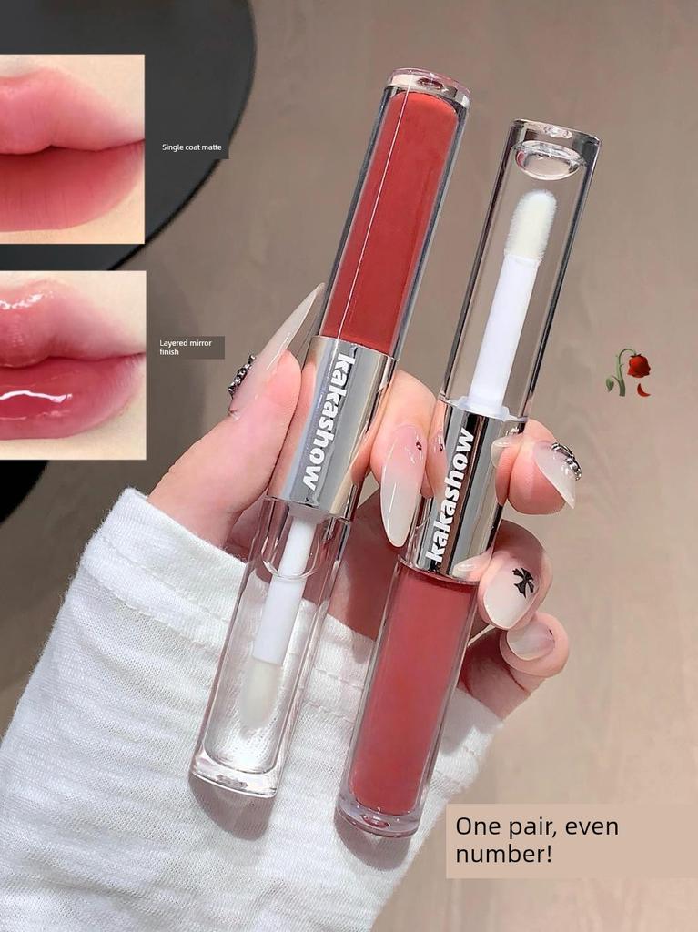 Double-Ended Lip Gloss Matte Velvet Finish Mirror-Like Glass Lip Non-Stick Cup Nude Color Lipstick Lip Mud Natural Look