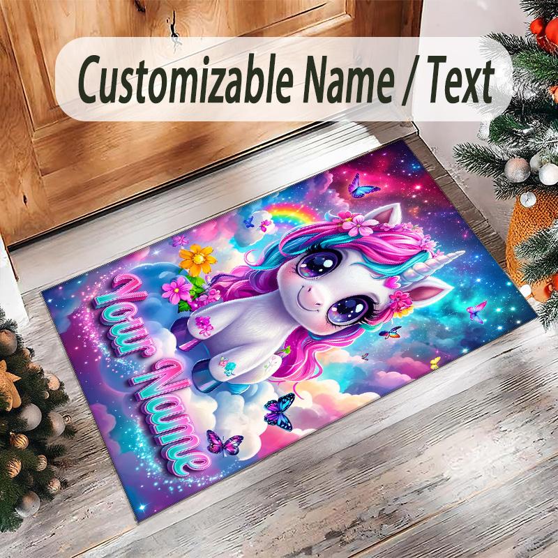 Alfombra de Suelo de Terciopelo de Cristal con Temática de Unicornio, Alfombra Cálida Personalizada con Nombre y Texto, Decoración del Hogar