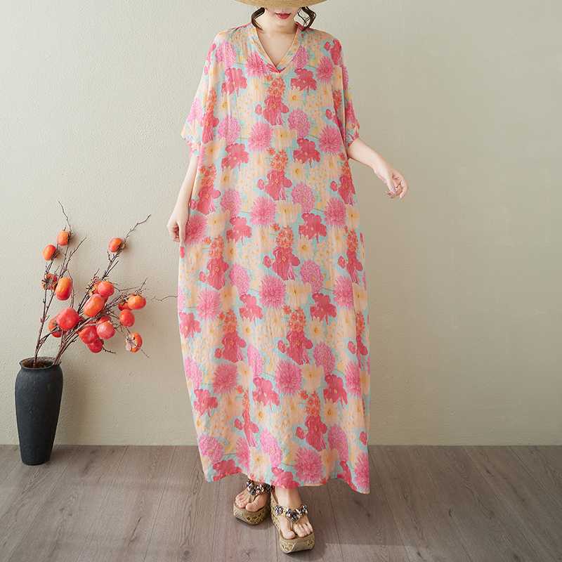 V-neck Retro Long Skirt Cotton Linen Dress for Women