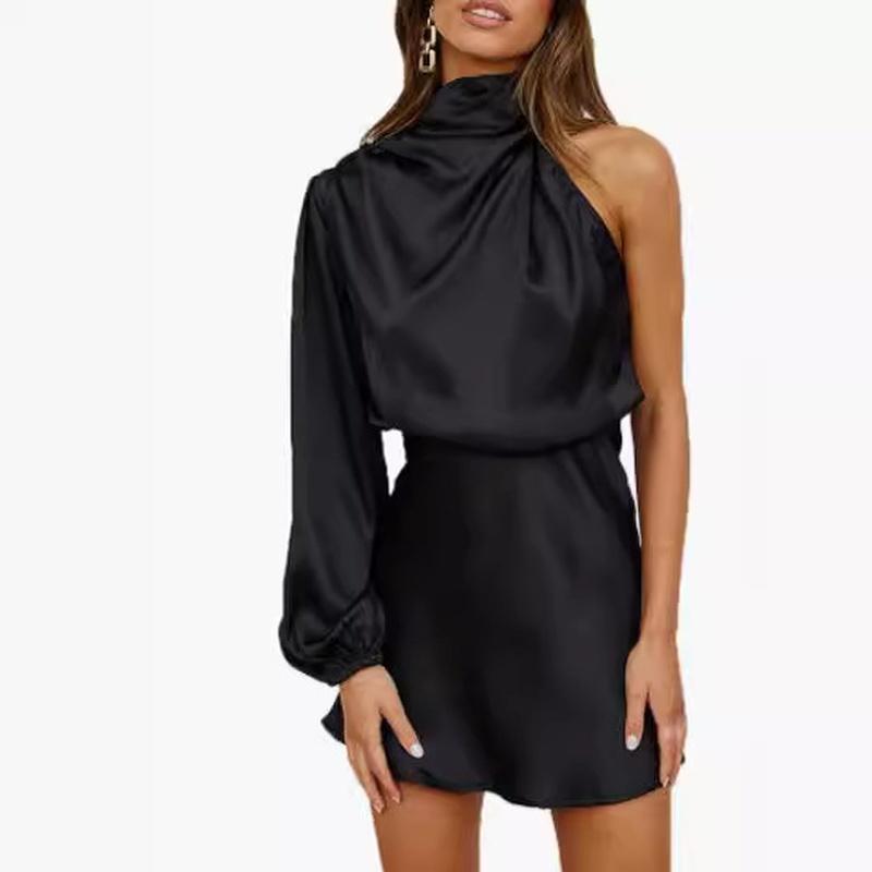 Damen One-Shoulder Satin Mini-Kleid Langarm Drapierter Ausschnitt Bodycon Cocktail Abendparty Kleid