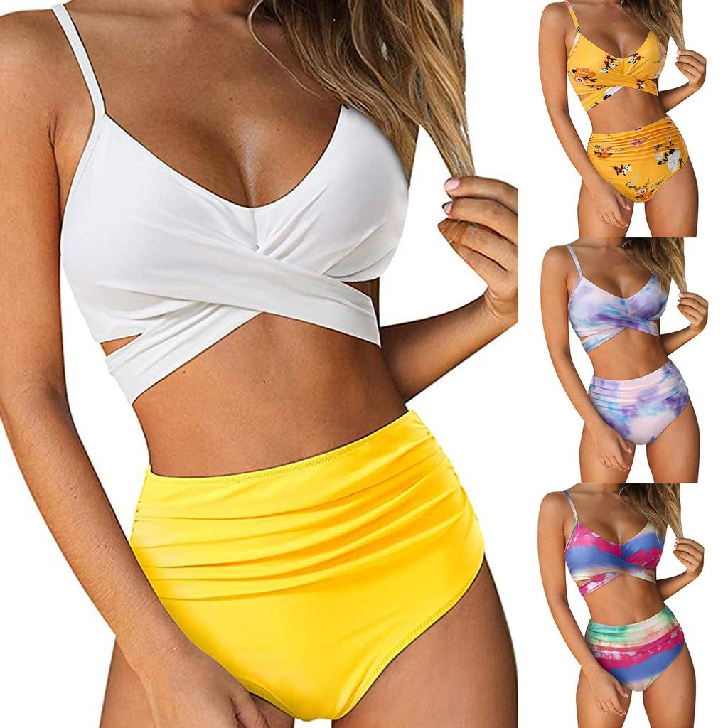 Two Piece Bikini Set with Wrap Around Top and High Waist Bottom Adjustable Straps and Stretch Fabric for Beachwear Swimwear
