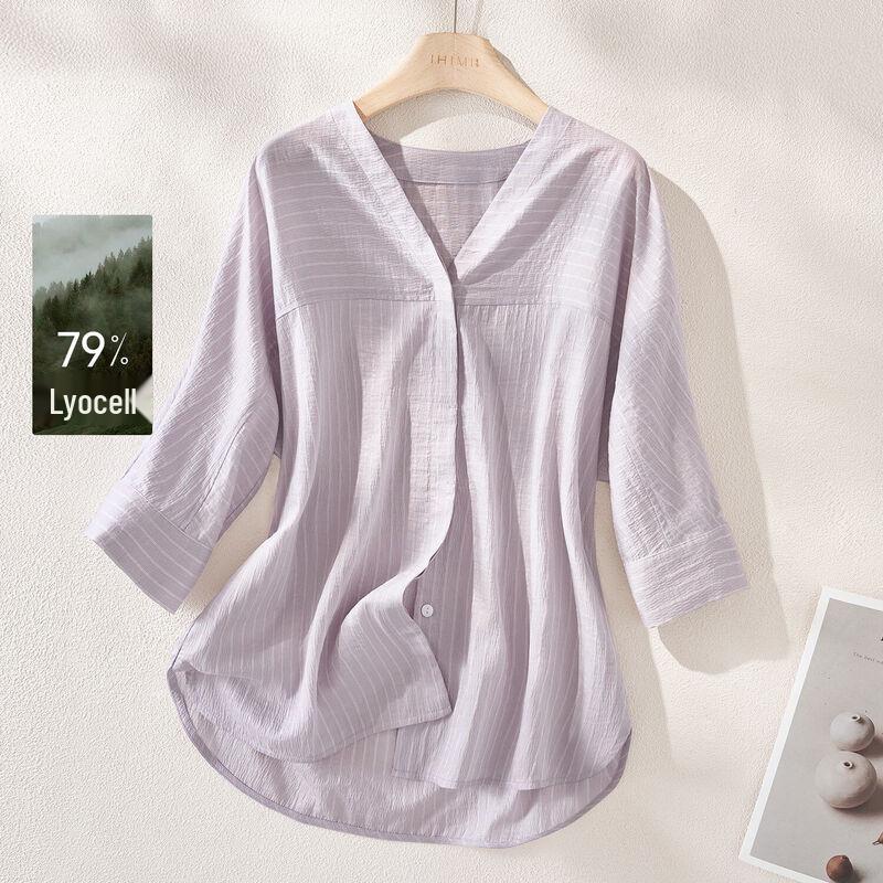 IHIMI Women s Lyocell Striped V-Neck 3/4 Sleeve Blouse 2XL