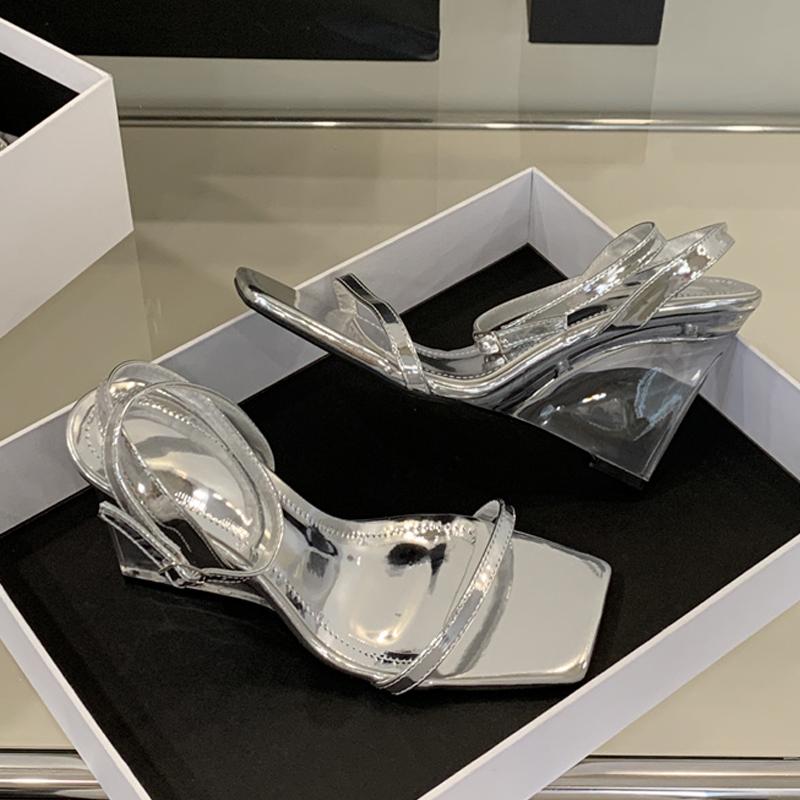 Sexy Gold Ankle Strap Sandals Women Summer Fashion Square Open Toe Transparent Wedges Heels Party Prom Shoes Zapatos Mujer
