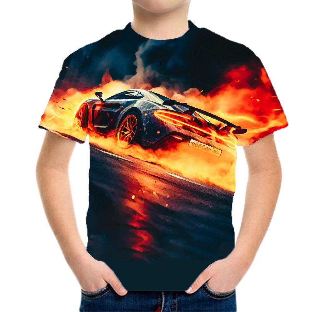Boys' clothing, racing patterns, children's T-shirts, short sleeved children's clothing, 3D fashion clothing, boys' and children's summer clothing