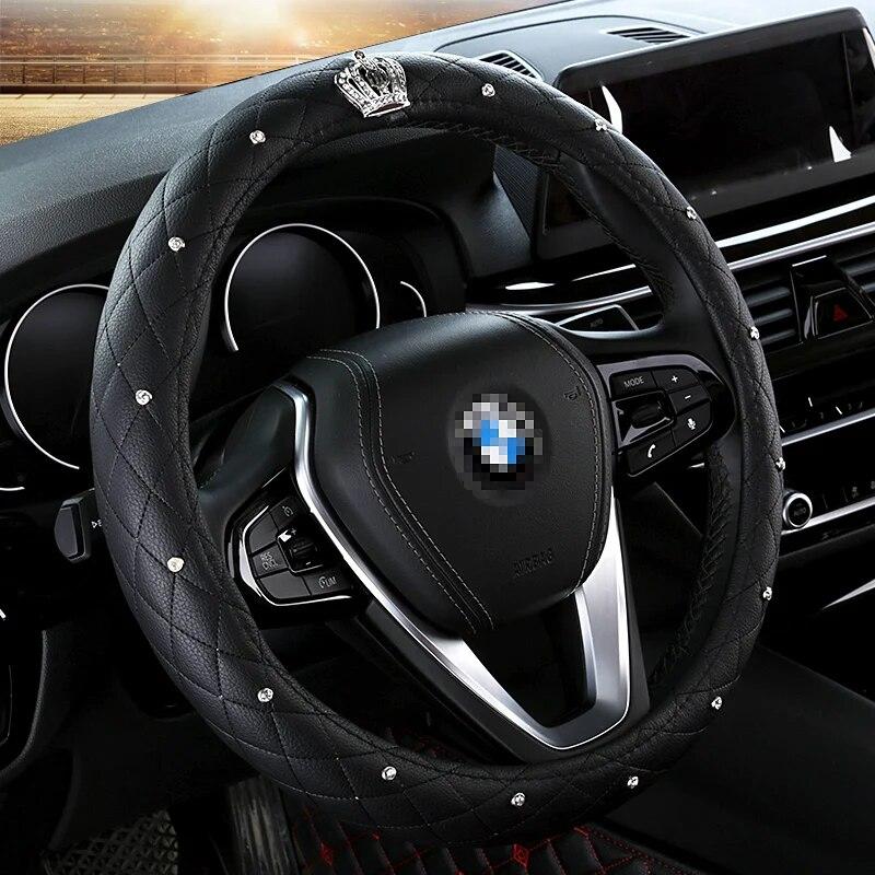 DERMAY Luxury Crystal Crown Studded Rhinestone PU Leather Car Steering Wheel Cover Diamond Steering For Women Girl Car Styling