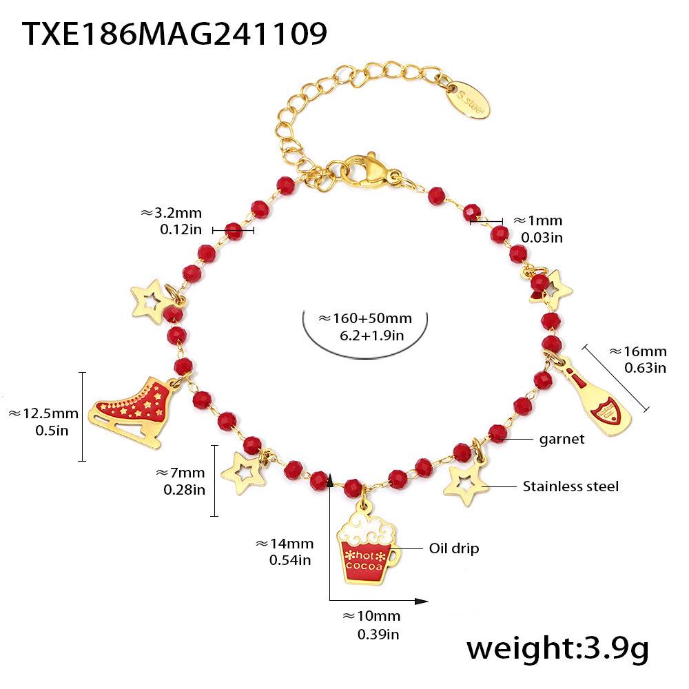 Qiongyao Garnet Beaded Geometric Pendant Necklace & Bracelet Set - Stainless Steel, Light Luxury Festive Gift