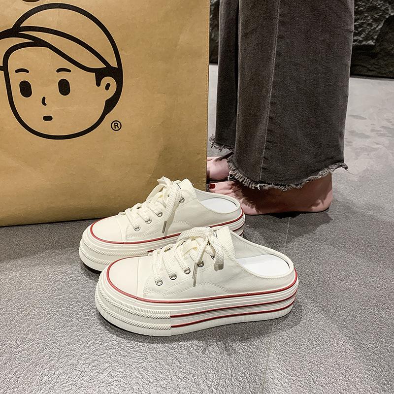 

Холщовые туфли на толстой подошве, увеличивающие рост, с закрытым носком, полушлепанцы, женская уличная обувь, новинка 2025 года, весна-лето, туфли-лодочки без задника, маленькие белые туфли 40