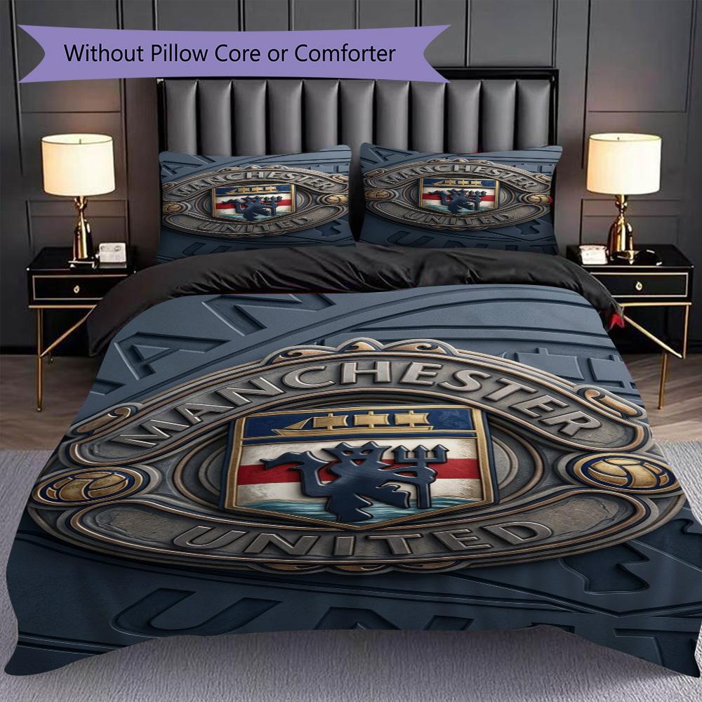 Manchester Emblem Glow Dreiteiliges Set (1 Bettbezug + 2 Kissenbezüge, ohne Füllung) 2D Flachbettwäsche-Set Weich und bequem