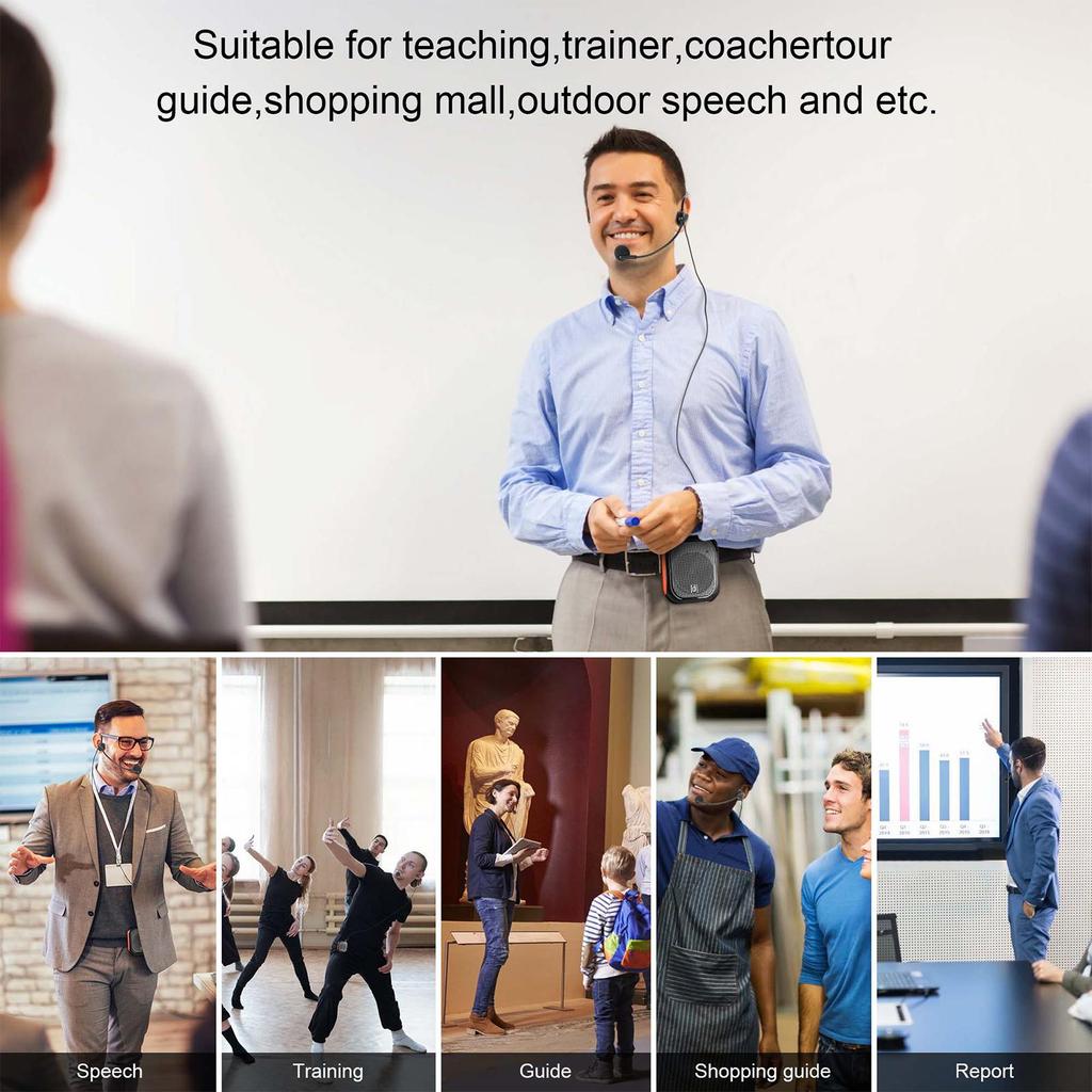 Zesilovač hlasu pro učitele s drátovým mikrofonem, náhlavní soupravou a opaskem, dobíjecí PA systém s podporou MP3, AUX vstup, nahrávání pro výuku, schůzi