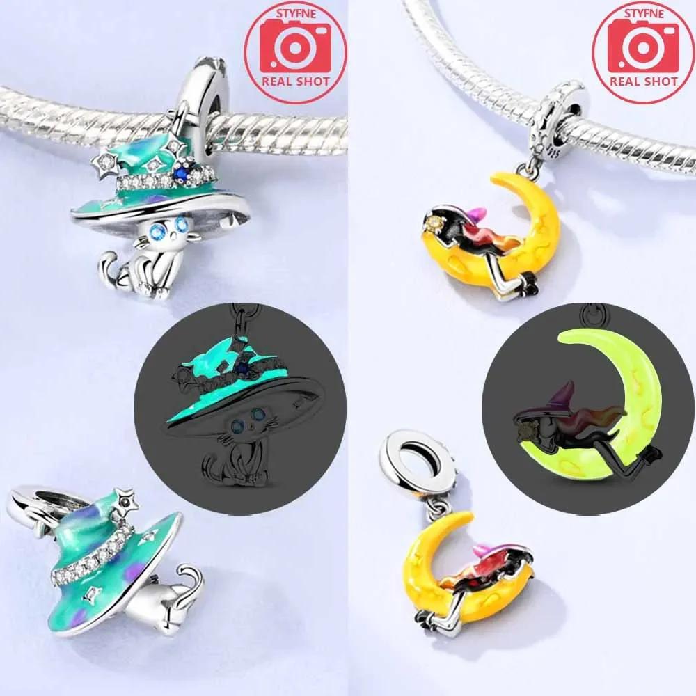 Glowing Witch Moon Magic Hat Cat Bead Charms Charm Bead Charms Authentic Copper for Bracelets Ladys Gift Jewellery Bag Charm Pendant Diy