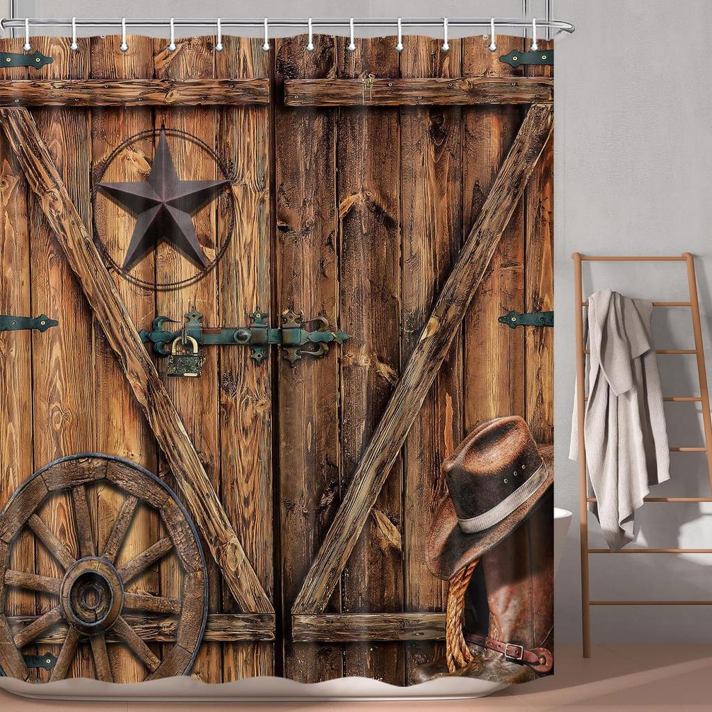 Texas Star Western Barn Door Shower Curtain Sets for Bathroom,Cowboy Hat Boots Wheel Decor Curtain, Vintage Rustic Wooden Board