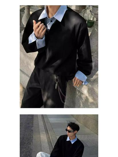 Herren Herbst Gestreiftes Patchwork Sweatshirt - Fake Zweiteiliger Kragen Langarm Streetwear Oberteil