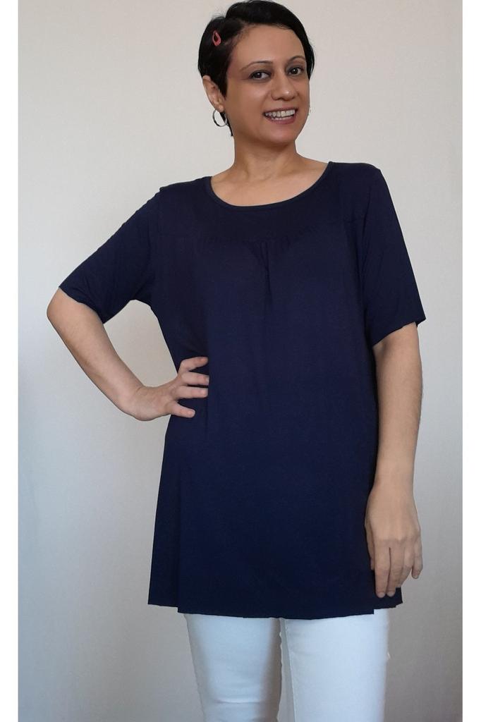 Damenstil Übergröße T-Shirt Marineblau Gerafftes Gekämmtes Baumwoll-Viskose-T-Shirt mit verkürzter Vorder- und Rückseite