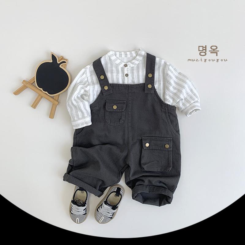 Unisex Kids Casual Vertical Striped Plaid Stand Collar Long Sleeve Children Shirt