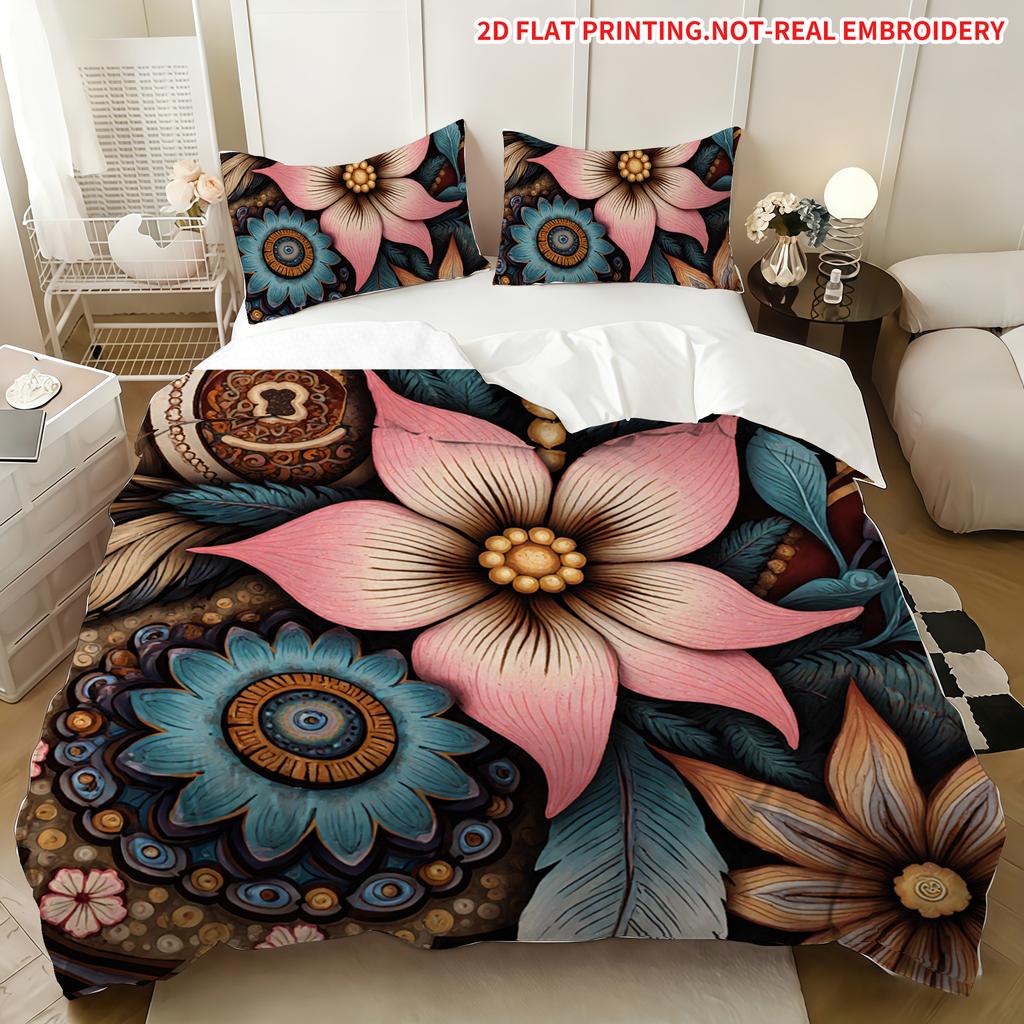 Pillowcase Quilt Cover Three-Piece Set,Retro Ethnic Style Flower Pattern,Exquisite And Elegant,Skin-Friendly And Breathable