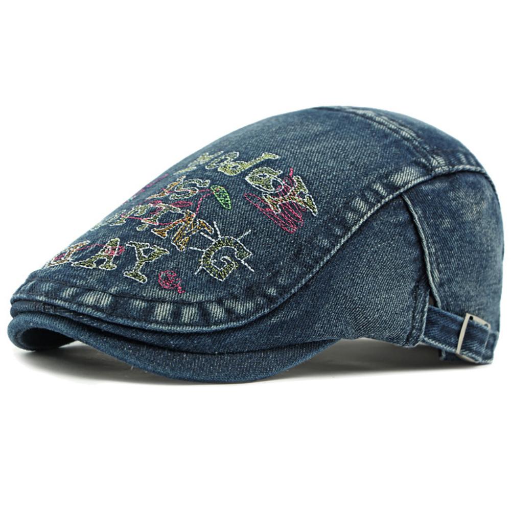 HT4739 Mens Berets Women Letters Embroidery Denim Beret Cap Vintage Artist Painter Beret Hat Male Female Adjustable Ivy Flat Cap