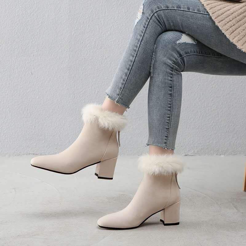 Real rabbit fur snow boots women's winter 2025 new suede high-heeled Martin boots piled and thickened thermal cotton boots