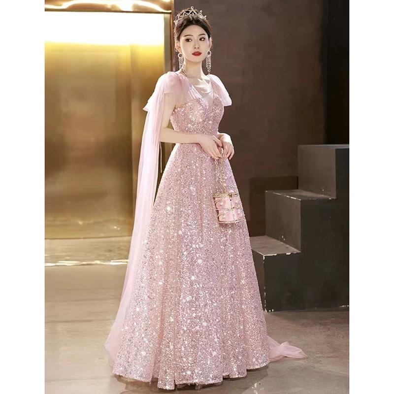 Evening Dress Skirt Women's 1011 New High-end Sense of High-end Light Luxury Niche Beautiful Blue Host Guzheng Performance Clothes