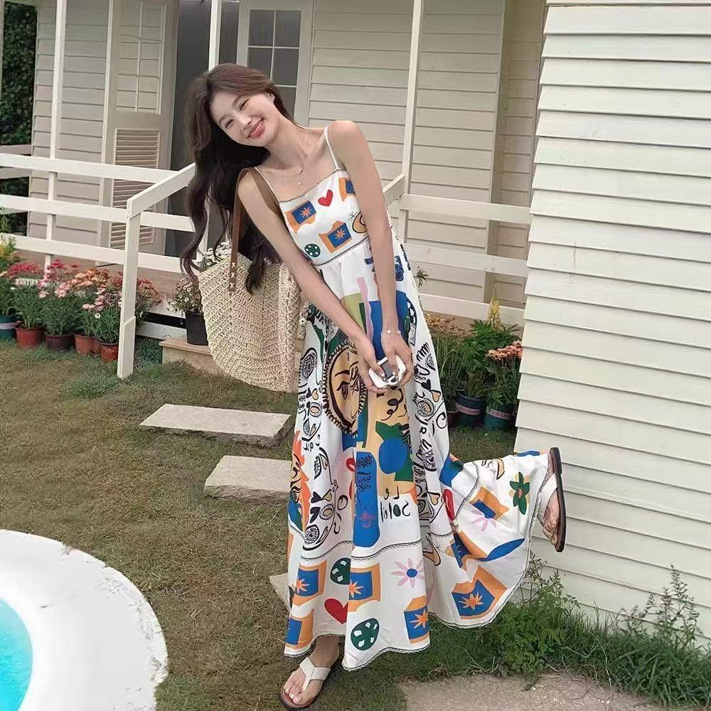 Retro Ethnic Style Oil Painting Graffiti Printing Suspender Dress Women's Summer New Style Niche Seaside Long Skirt