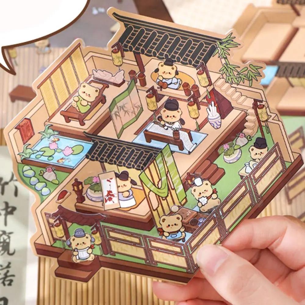 Cartoon Chinatown 3D Sticker 3D Scene Stacking Pasting Landscaping Stickers Pocket Cabin Miniature Scene Sticker New Year Gift