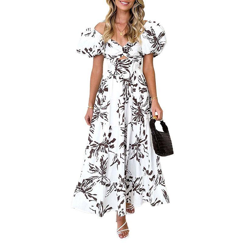 Sweet Dress2024 Fashion Summer and Autumn New Women's Clothing Sweet Elegance Florals Hollow out Shoulder-Baring Dress