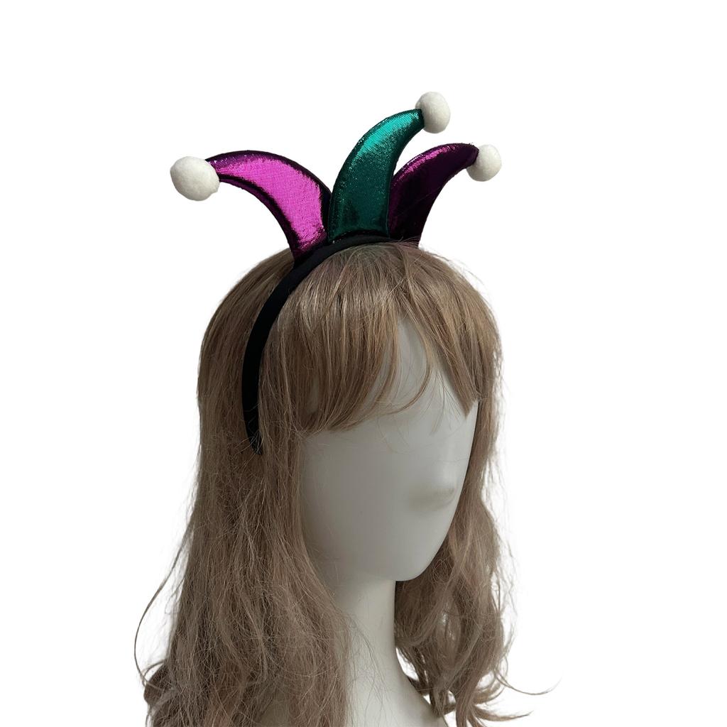 Adjustable Clown Style Headpiece Purple Glitter Fabric Pompom Trim Party Costume Hair Accessory