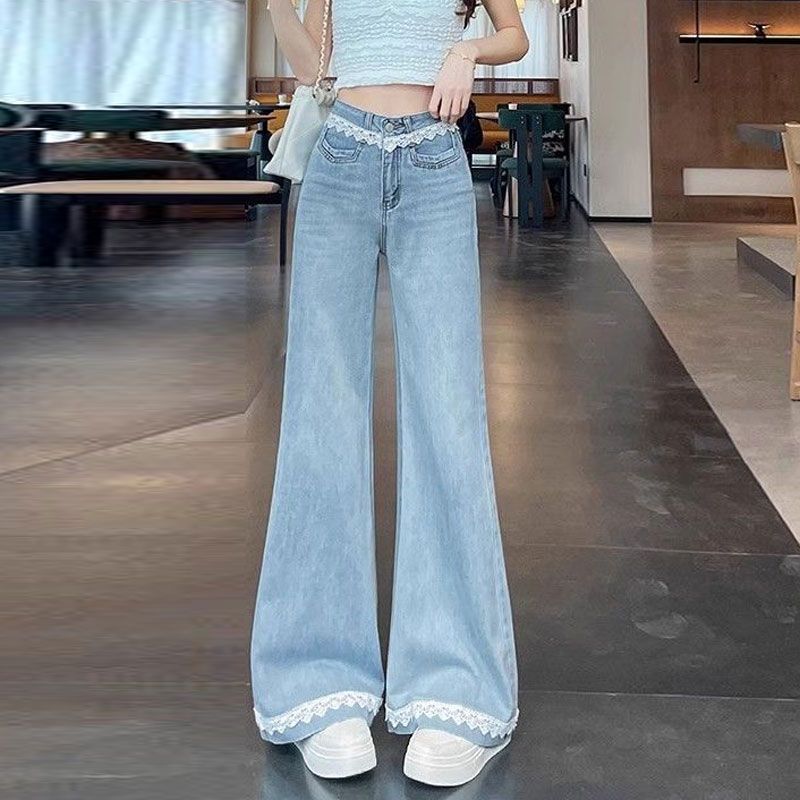 

Кружево Кружево Сращивание Деним Микро-большие Длинные Брюки Женские Со шлейфом С высокой талией Свободные Большого размера Широкие Брюки-клеш Длинные Джинсовые Брюки 4XL