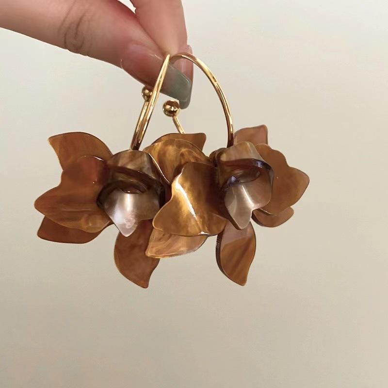 Koreanische Bunte Acryl-Blumenanhänger-Ohrringe für Frauen Mädchen Vintage C-Form Große Blütenblatt-Hängeohrringe Zirkon Geschenke 2025