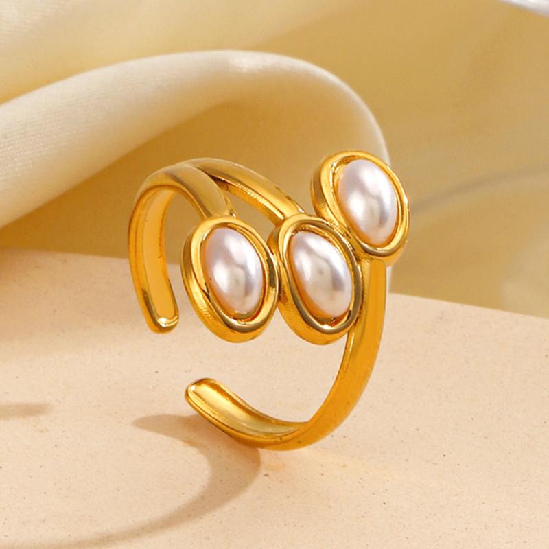 Vintage Stainless Steel Wide Thick Rings for Women Men Classic Imitation Pearl Hollow Opening Rings Charm Banquet Jewelry Gifts