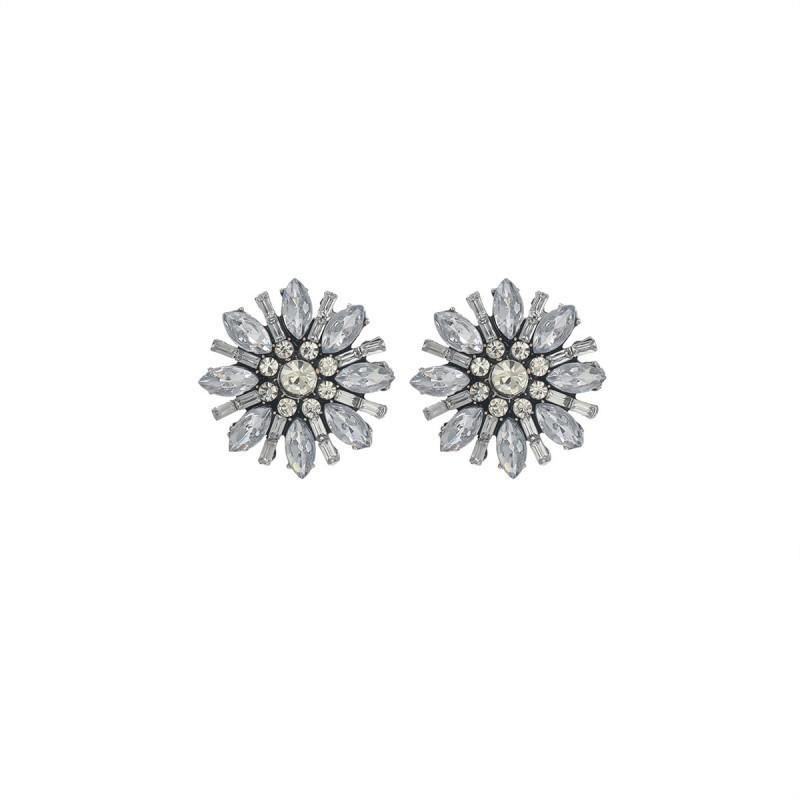 Elegant Floral Stud Earrings With Full Rhinestone Accents Zinc Alloy Lightweight Luxury Fashion Jewelry Women Silver
