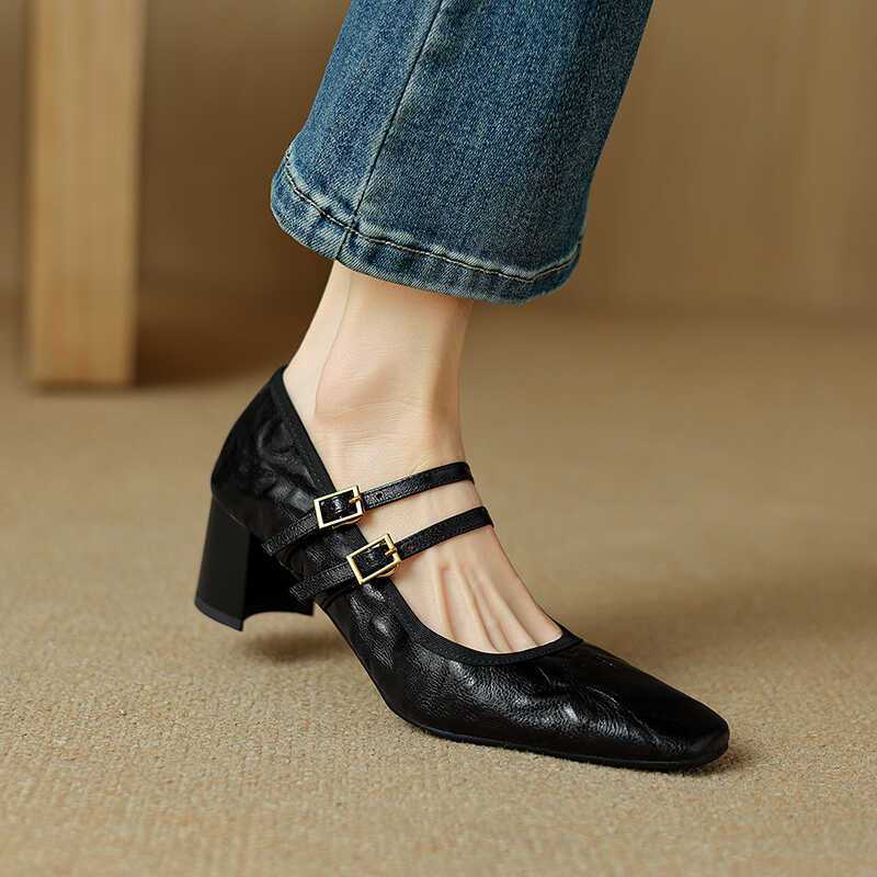 

Мягкая овечья кожа ретро толстый каблук туфли Мэри Джейн женские весенне-осенние новые черные туфли на высоком каблуке женские летние одинарные туфли 34