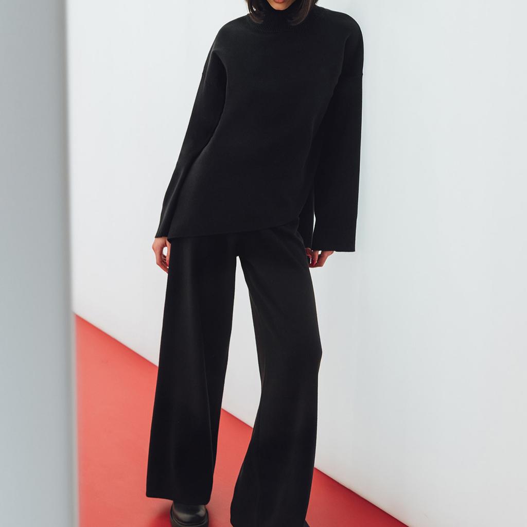 GMXIA Women's Half Turtleneck Sweater Set Irregular Bevelled Sweater + Knitted Wide Leg Pants Two Piece Set