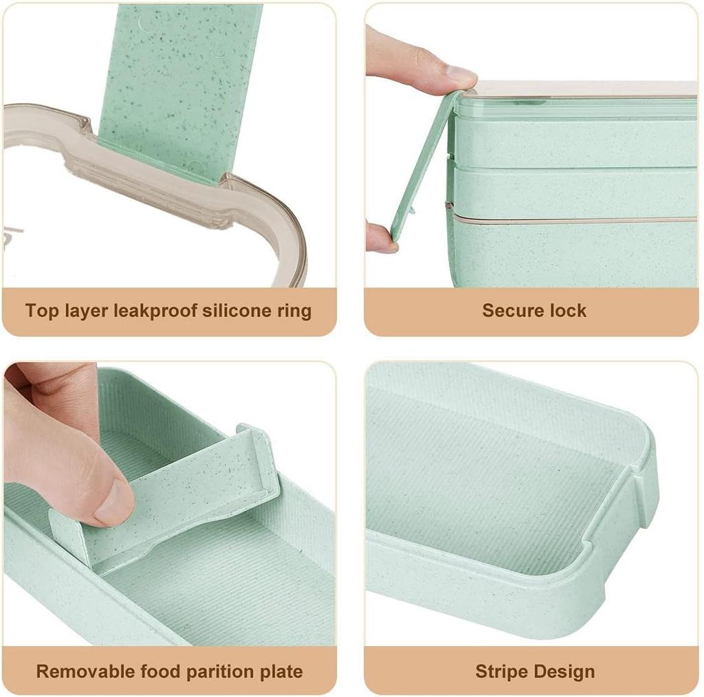 Bento Box for Adults, 3-In-1 Meal Prep Container, 900ML Lunch Box with Compartment, Wheat Straw, Leak-proof, Spoon & Fork