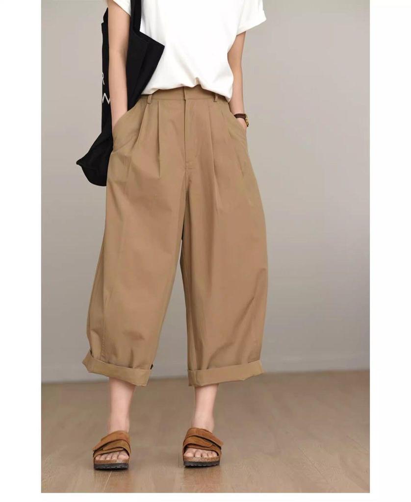 Plus Size Slimming Wide-Leg Cargo Pants - High Waist, Nine-Point Length, Versatile & Loose Fit for Women