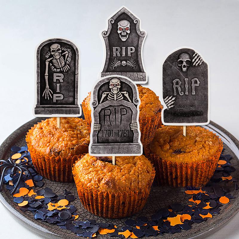 48/16Pcs Halloween Tombstone RIP Cupcake Topper Horror Skeleton Graveyard Gravestone Dessert Cake Toppers Halloween Party Decor