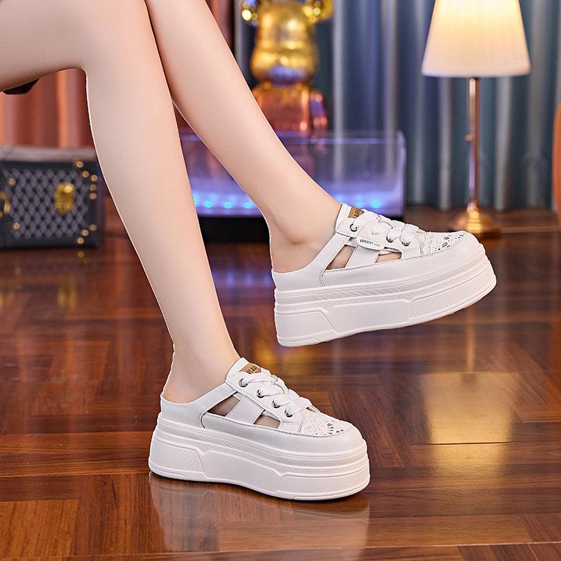 Half slippers women's 2025 summer new thick-soled versatile hollow leather fashion inner height increase bag head outer wear sandals women