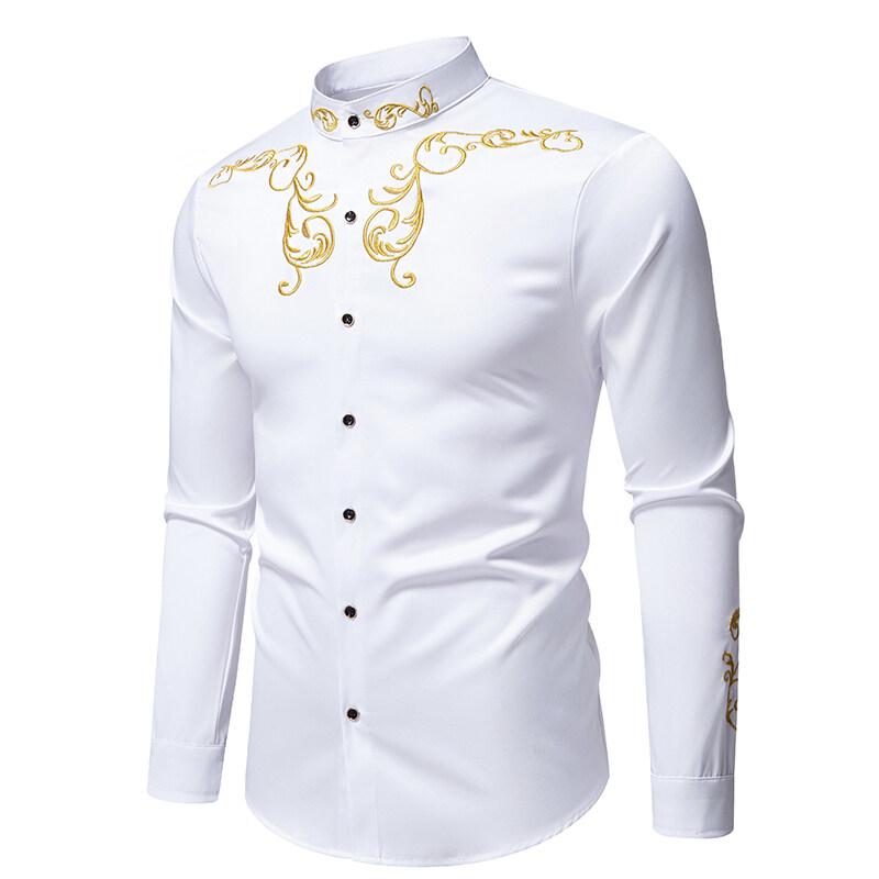 Camisa de Manga Larga Bordada para Hombre de Primavera Casual Sólida con Cuello Mao Camisas Masculinas Estilo Corte Europeo Fiesta Discoteca