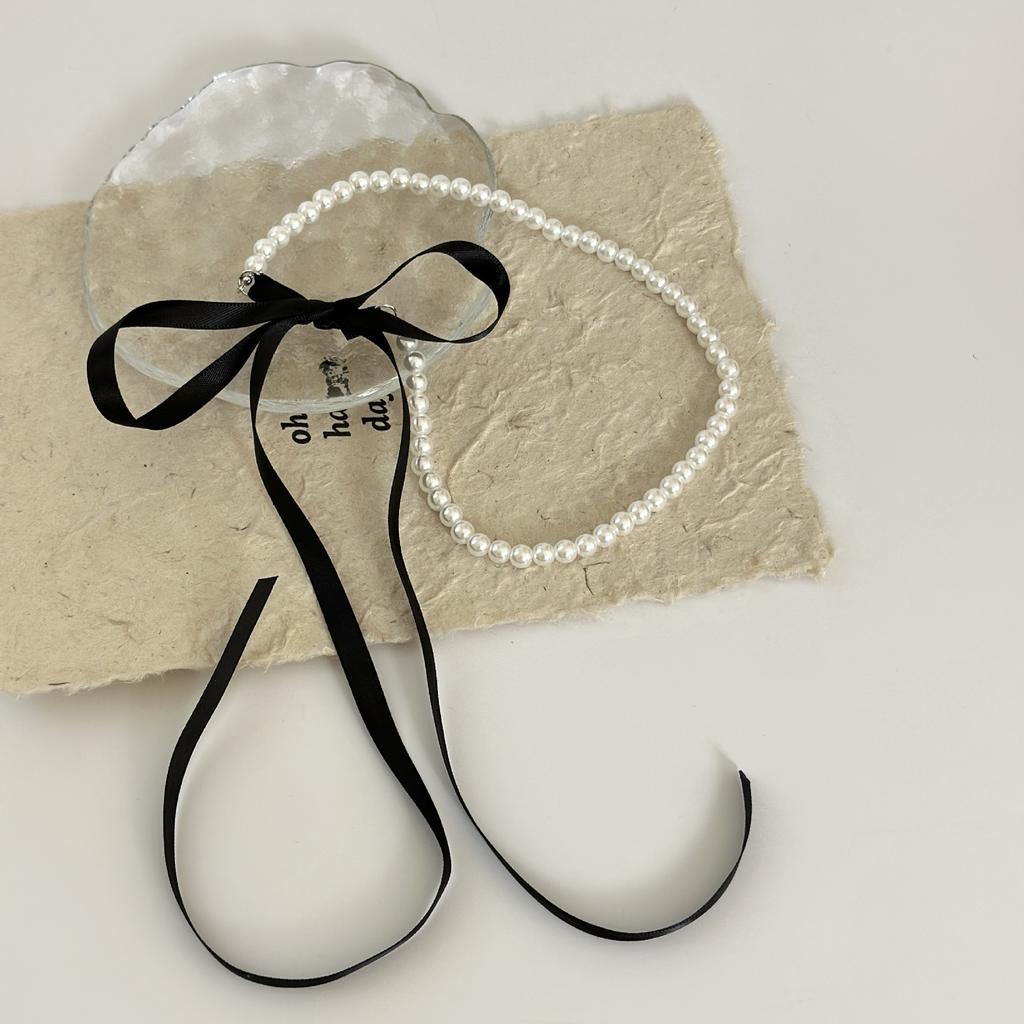 Black Ribbon Bow Pearl Necklace Women's Fashion Summer Light Luxury Niche Collarbone Chain Neck Chain Collar Accessories