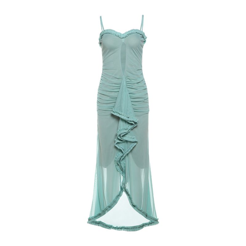 

Hollow out Solid Color Split Strap Dress Cut Out Pure Color Split Sling Dress Green L