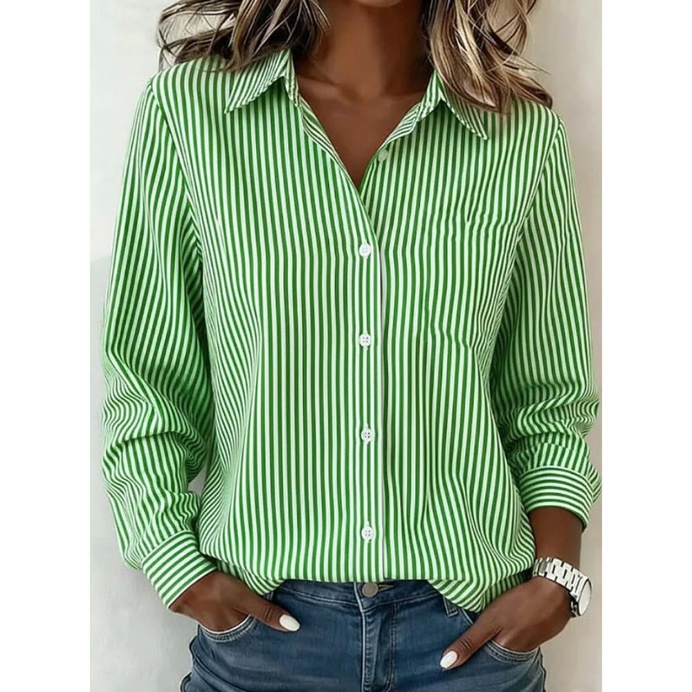 Striped Print Women Blouse Spring Autumn Femme Office Lady Button Up Turn Down Collar Shirts