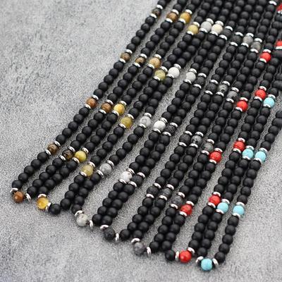 Collana girocollo da uomo alla moda 19 pollici Fibbia in acciaio inossidabile 6 mm Collana di perle naturali Occhio di tigre Perle di lava Collare corto Regalo per lui