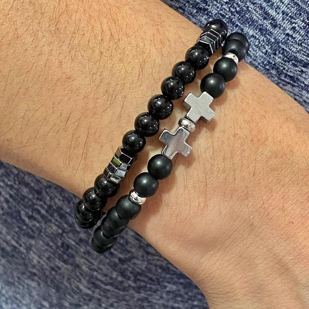 Matte Black Cubic Zirconia Ball & UFO Pendant Braided Bracelet Set
