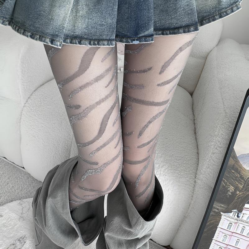 

Silver Thread Black Leopard & Zebra Print Sexy Tights - European/American Style, Slim Fit Jacquard Stockings. One Size сірий колір