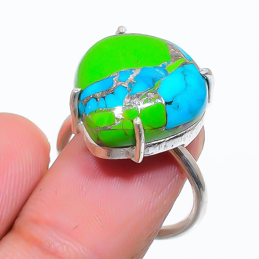 

Copper Green Turquoise Gemstone 925 Sterling Silver Jewelry Ring Size Adj. GK-6037