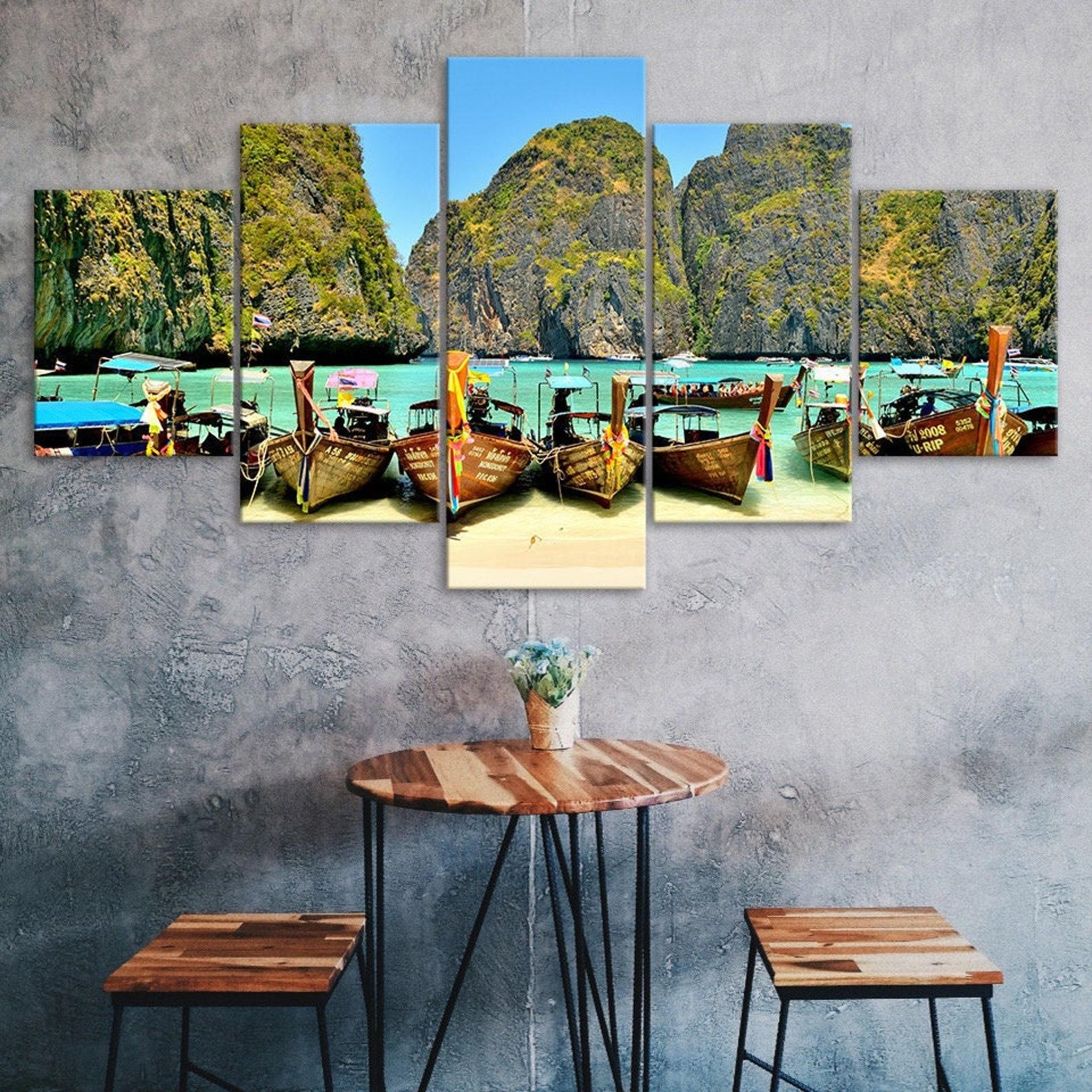 

Thailand Beach Island Boat Tours Scenery 5 Piece Five Panel Wall Canvas Print Modern Art Poster Home Decor Gift For Him For Her 20X35 20X45 20X55CM